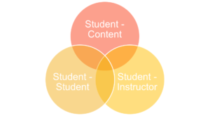 三个同心环形成Venn图，说明“学生内容”，“学生 - 学生”和“学生 - 教练”的参与形式。